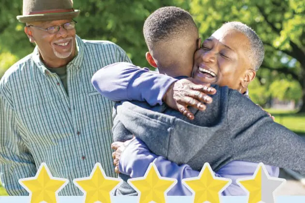 fmaily of three hugging each other and a 4.5 gold star rating
