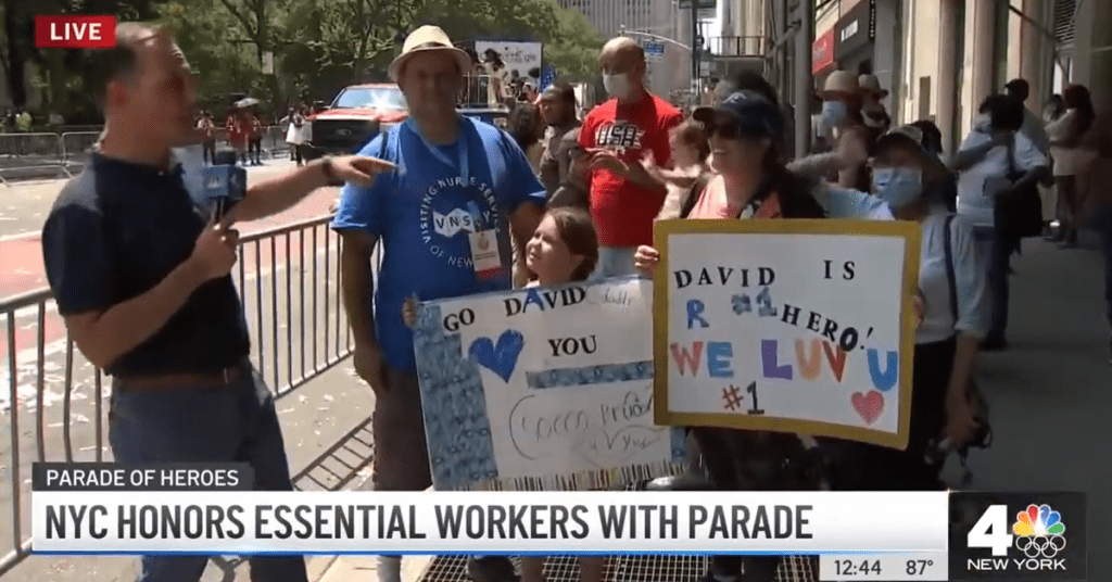 Image of WNBC Anchor interviewing VNSNY Physical Therapists at New York's Hometown Heroes Parade